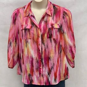 Rebecca Malone Petite pink print semi sheer blouse
